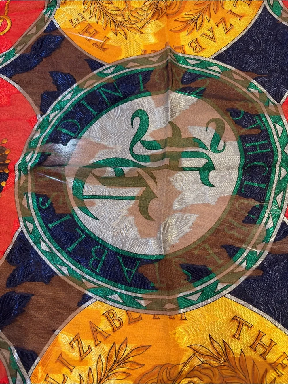 New Sunkyung SA Silk Scarf Queen Elizabeth 1971 Coin Anchor Nautical Red/Navy-34